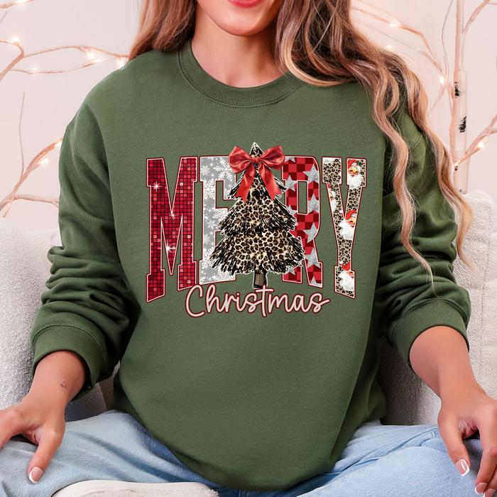 Merry Christmas Colorful Leopard Print Santa Retro-Inspired Cozy Fleece-Lined Sweatshirt