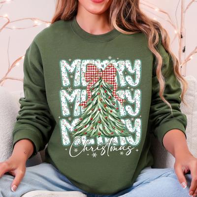 Merry Christmas Beautiful Tree Santa Classic Christmas Gingham Bow Cozy Sweatshirt