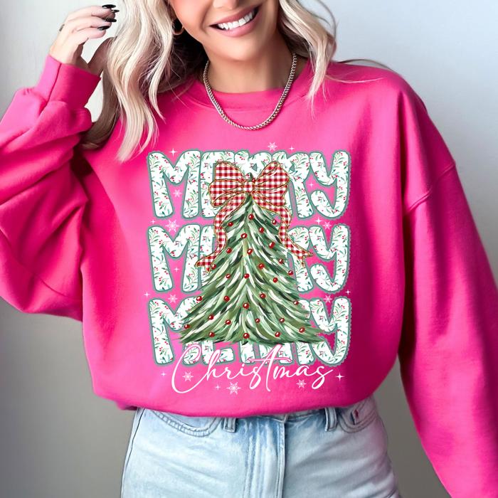 Merry Christmas Beautiful Tree Santa Classic Christmas Gingham Bow Cozy Sweatshirt