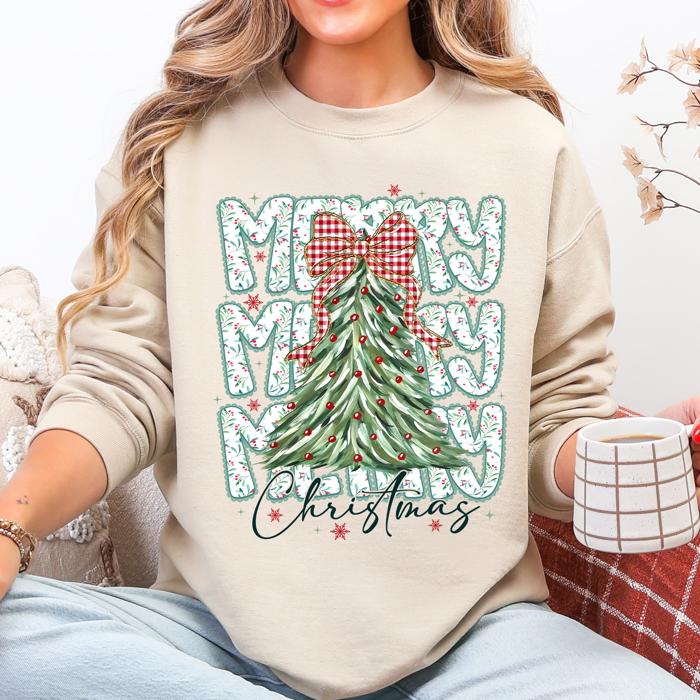 Merry Christmas Beautiful Tree Santa Classic Christmas Gingham Bow Cozy Sweatshirt