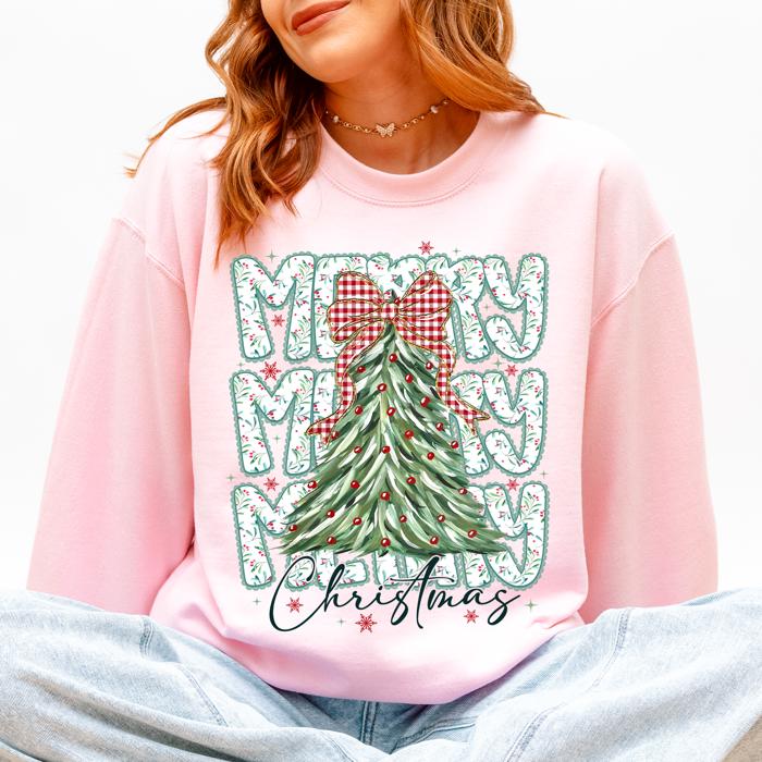 Merry Christmas Beautiful Tree Santa Classic Christmas Gingham Bow Cozy Sweatshirt