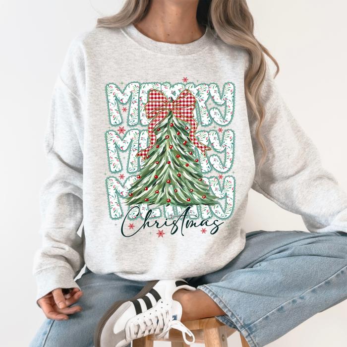 Merry Christmas Beautiful Tree Santa Classic Christmas Gingham Bow Cozy Sweatshirt