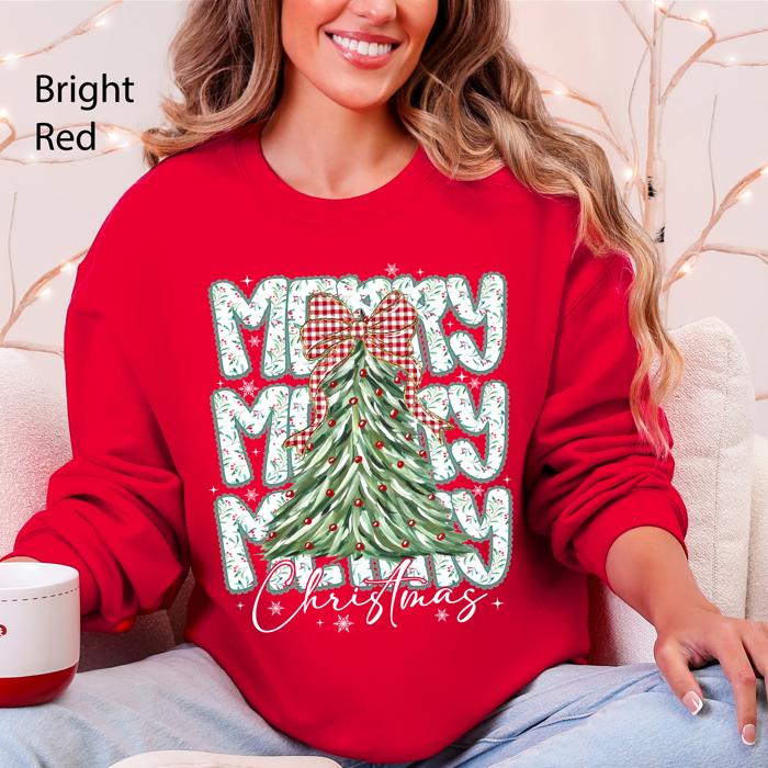 Merry Christmas Beautiful Tree Santa Classic Christmas Gingham Bow Cozy Sweatshirt