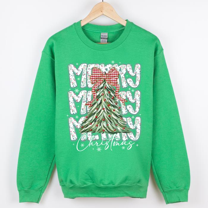 Merry Christmas Beautiful Tree Santa Classic Christmas Gingham Bow Cozy Sweatshirt