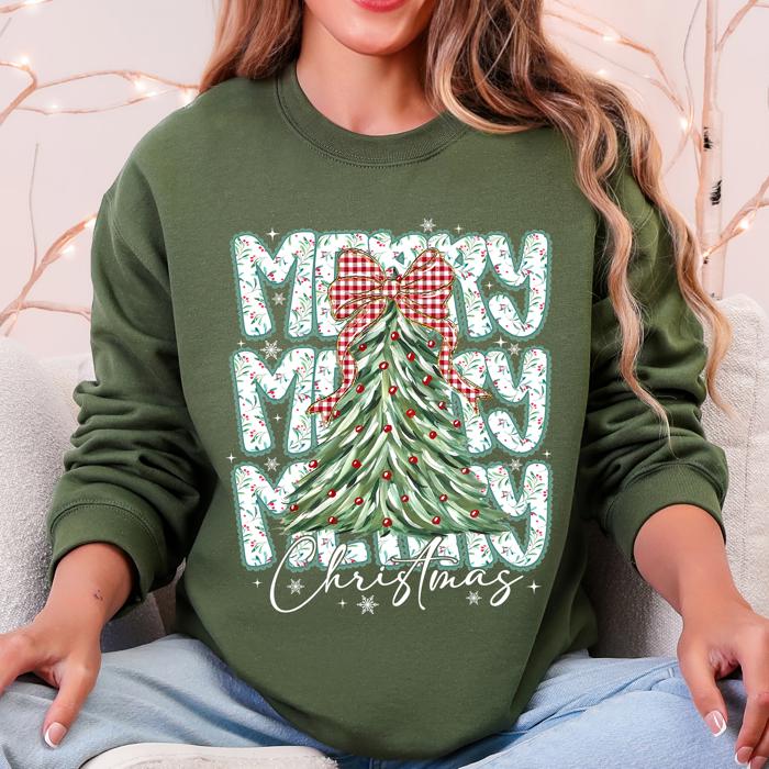 Merry Christmas Beautiful Tree Santa Classic Christmas Gingham Bow Cozy Sweatshirt
