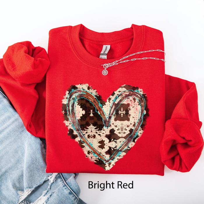 Western Heart Cowhide Print Valentine’s Day Love Teddy Bear Faux Yarn Cozy Sweatshirt