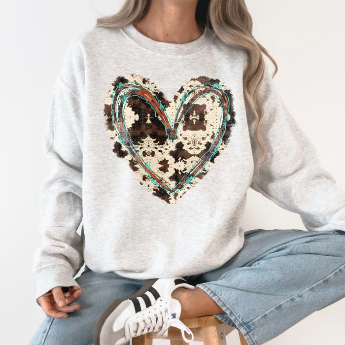 Western Heart Cowhide Print Valentine’s Day Love Teddy Bear Faux Yarn Cozy Sweatshirt