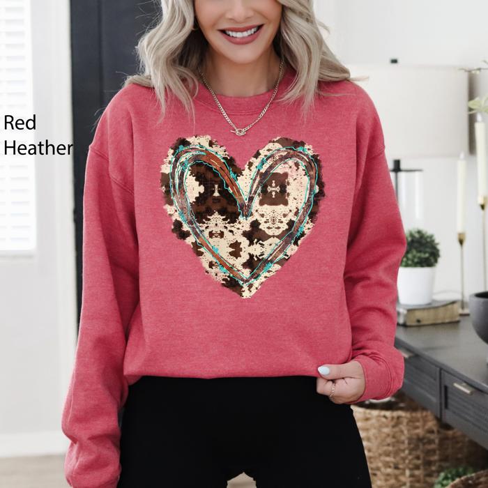 Western Heart Cowhide Print Valentine’s Day Love Teddy Bear Faux Yarn Cozy Sweatshirt