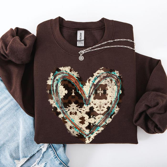 Western Heart Cowhide Print Valentine’s Day Love Teddy Bear Faux Yarn Cozy Sweatshirt