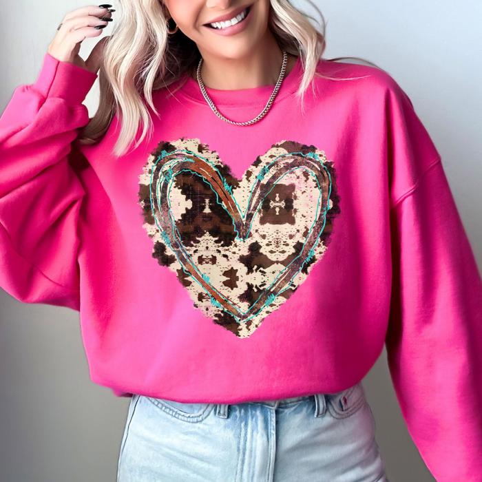 Western Heart Cowhide Print Valentine’s Day Love Teddy Bear Faux Yarn Cozy Sweatshirt