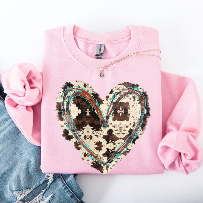 Western Heart Cowhide Print Valentine’s Day Love Teddy Bear Faux Yarn Cozy Sweatshirt