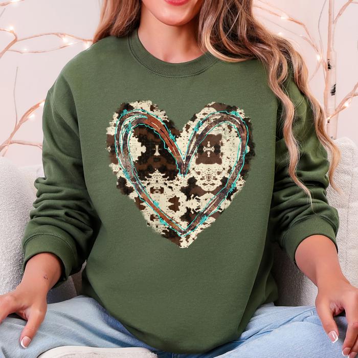 Western Heart Cowhide Print Valentine’s Day Love Teddy Bear Faux Yarn Cozy Sweatshirt