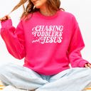 XL Heliconia Bright Pink Chasing Toddlers And Jesus Christian Mom Faith Gospel On The Move Morning Blessings Sweatshirt