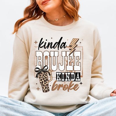 Kinda Boujee, Kinda Broke, Funny, Sassy Leopard Print Graphic Soft Cozy Weekend Vibe Sweatshirt