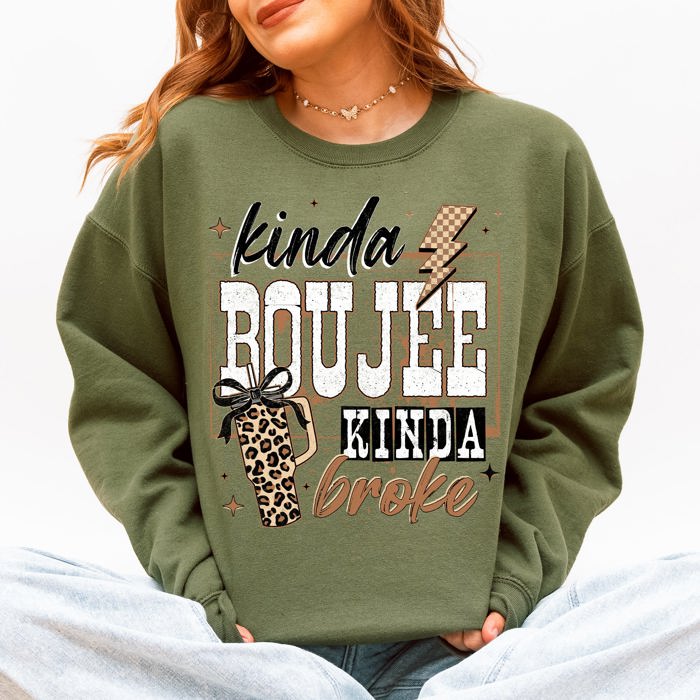 Kinda Boujee, Kinda Broke, Funny, Sassy Leopard Print Graphic Soft Cozy Weekend Vibe Sweatshirt