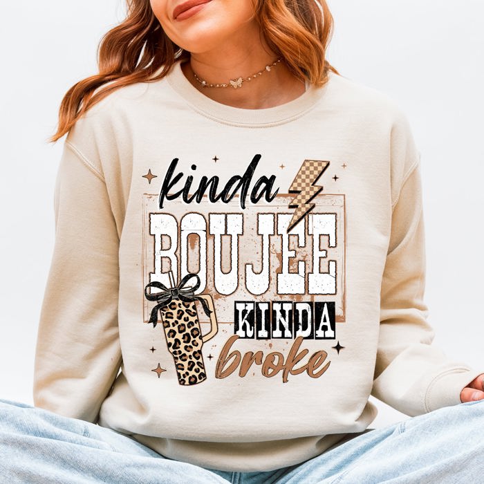 Kinda Boujee, Kinda Broke, Funny, Sassy Leopard Print Graphic Soft Cozy Weekend Vibe Sweatshirt