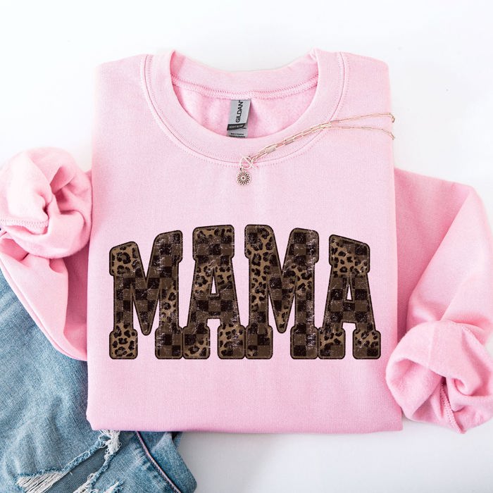 Mama Checkered Leopard Print Vintage Varsity Cozy Graphic Style Statement Sweatshirt