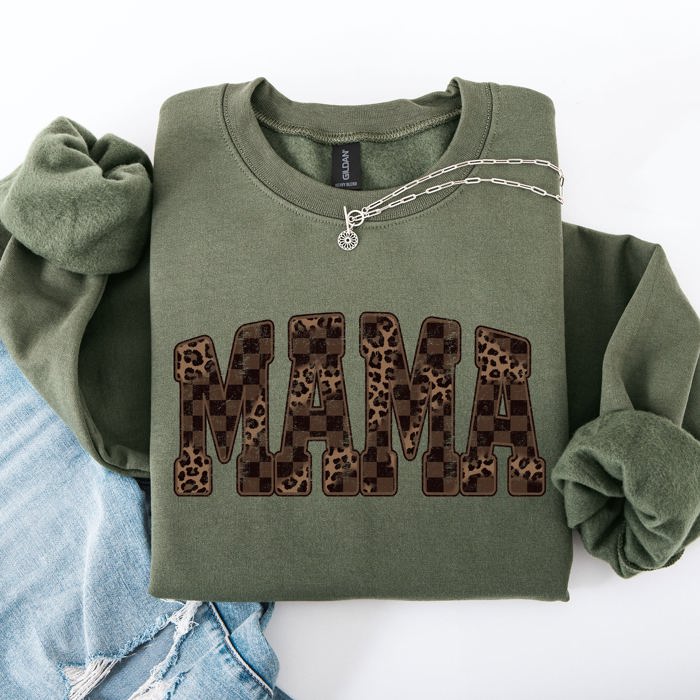 Mama Checkered Leopard Print Vintage Varsity Cozy Graphic Style Statement Sweatshirt