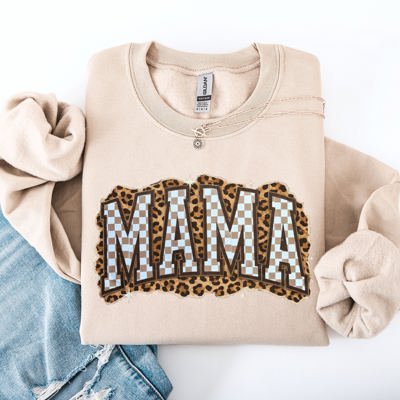 Mama Leopard Print Checkered Cut Out Vintage-Inspired Cozy Fleece Reversible-Style Sweatshirt