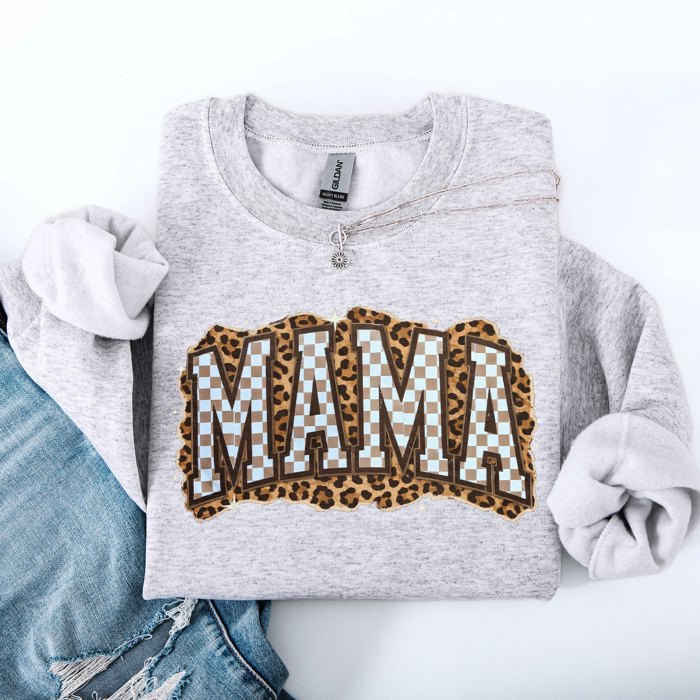 Mama Leopard Print Checkered Cut Out Vintage-Inspired Cozy Fleece Reversible-Style Sweatshirt