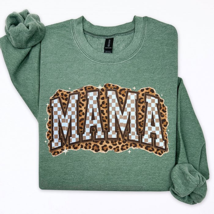 Mama Leopard Print Checkered Cut Out Vintage-Inspired Cozy Fleece Reversible-Style Sweatshirt