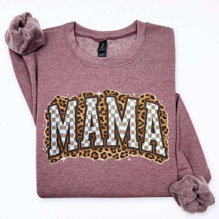 Mama Leopard Print Checkered Cut Out Vintage-Inspired Cozy Fleece Reversible-Style Sweatshirt