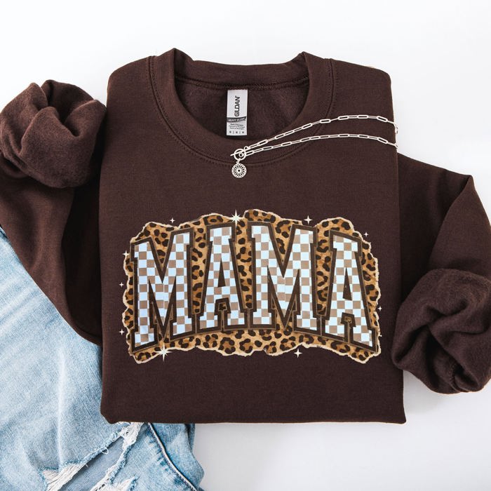 Mama Leopard Print Checkered Cut Out Vintage-Inspired Cozy Fleece Reversible-Style Sweatshirt