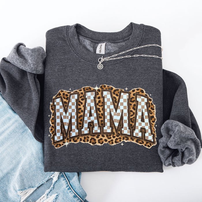 Mama Leopard Print Checkered Cut Out Vintage-Inspired Cozy Fleece Reversible-Style Sweatshirt
