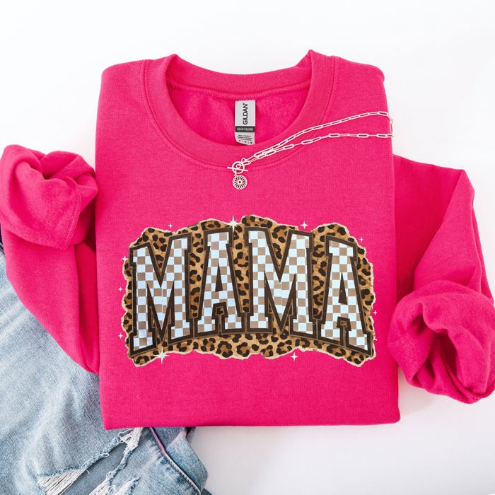 Mama Leopard Print Checkered Cut Out Vintage-Inspired Cozy Fleece Reversible-Style Sweatshirt