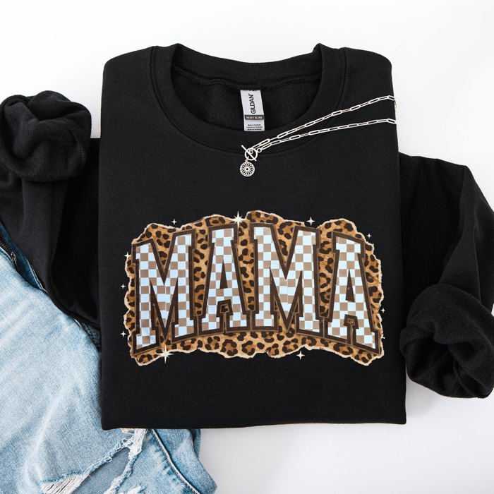 Mama Leopard Print Checkered Cut Out Vintage-Inspired Cozy Fleece Reversible-Style Sweatshirt