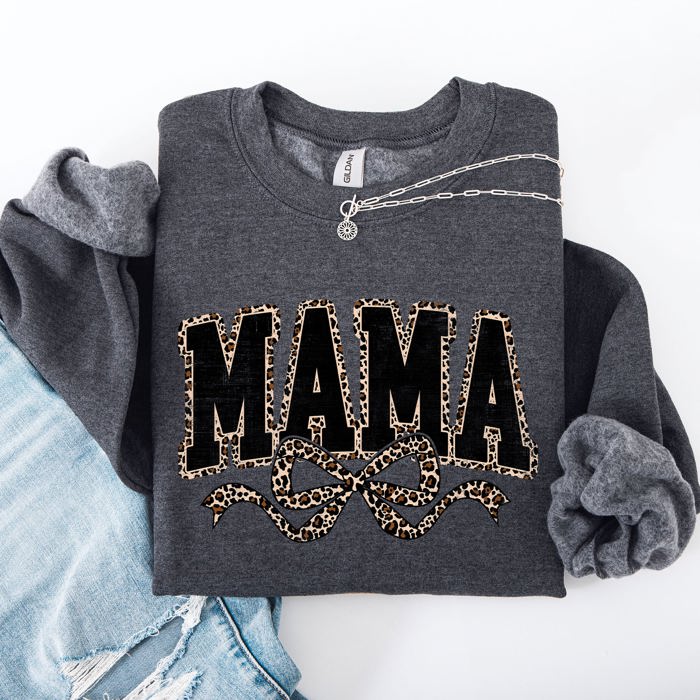 Mama Varsity Vintage Leopard Print Ribbon Two-Faced Two-Mood Layer Cozy Sweatshirt