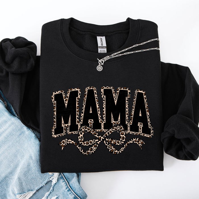 Mama Varsity Vintage Leopard Print Ribbon Two-Faced Two-Mood Layer Cozy Sweatshirt