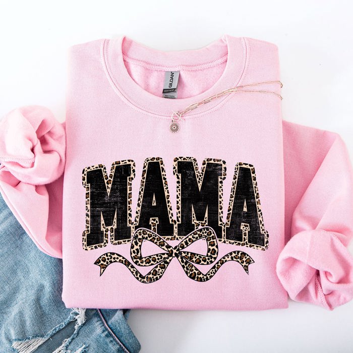 Mama Varsity Vintage Leopard Print Ribbon Two-Faced Two-Mood Layer Cozy Sweatshirt