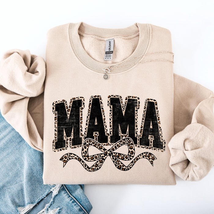 Mama Varsity Vintage Leopard Print Ribbon Two-Faced Two-Mood Layer Cozy Sweatshirt