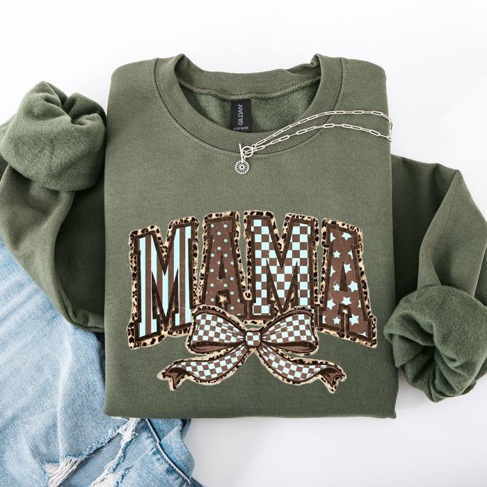 Retro Mama Bow Checkered Star Mother's Day Two-Faced Cozy Bold Graphic Sweatshirt