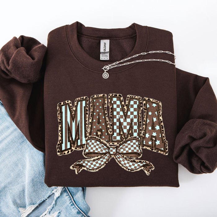 Retro Mama Bow Checkered Star Mother's Day Two-Faced Cozy Bold Graphic Sweatshirt