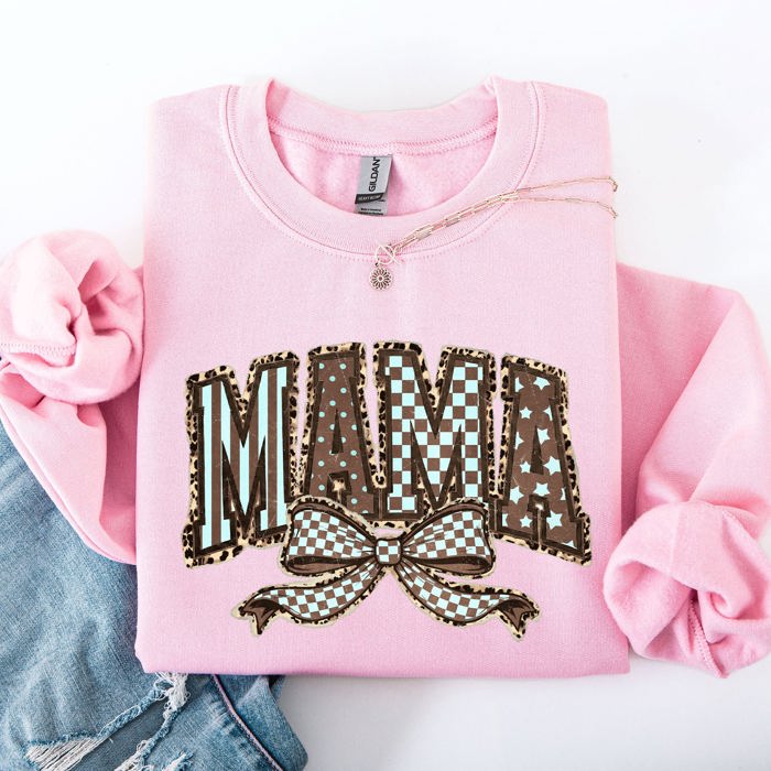Retro Mama Bow Checkered Star Mother's Day Two-Faced Cozy Bold Graphic Sweatshirt