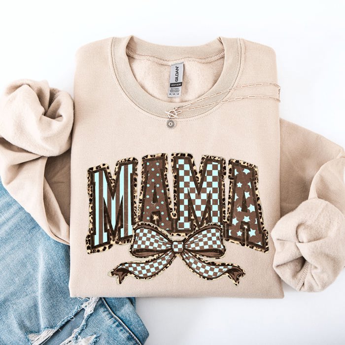 Retro Mama Bow Checkered Star Mother's Day Two-Faced Cozy Bold Graphic Sweatshirt