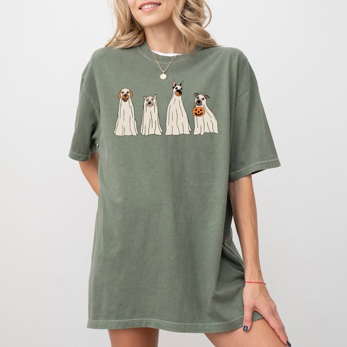 Spooky Ghost Dogs Halloween Witch Costume Vintage Style Ghostly Canine Night Scene Comfort Colors Tee