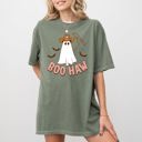 Medium Moss Dark Green Boo Haw Cowboy Ghost Nightmare Halloween Meme Western Spooky Style Comfort Colors Tee