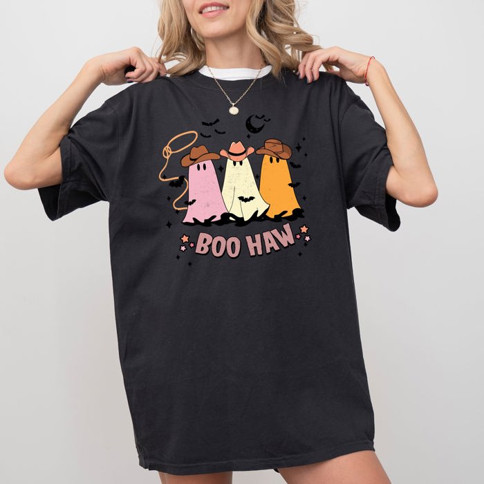 Boo Haw Mini Cowboy Ghosts Halloween Witch Meme Spooky Vintage Costume Design Comfort Colors Tee