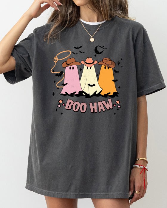 Boo Haw Mini Cowboy Ghosts Halloween Witch Meme Spooky Vintage Costume Design Comfort Colors Tee