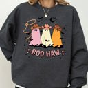 Large Dark Gray Heather Boo Haw Mini Cowboy Ghosts Witch Costume Halloween Spooky Western Graphic Sweatshirt