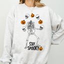 Medium Ash Light Gray Stay Spooky Skeleton Ghost Witch Halloween Spooky Costume Meme Graphic Sweatshirt
