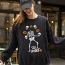 Small Black Stay Spooky Skeleton Ghost Witch Halloween Spooky Costume Meme Graphic Sweatshirt