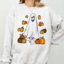 XL Ash Light Gray Ghosts And Pumpkins Skeleton Witch Meme Halloween Spooky Graphic Seasonal Sweatshirt