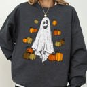 Large Dark Gray Heather Ghosts And Pumpkins Skeleton Witch Meme Halloween Spooky Graphic Seasonal Sweatshirt