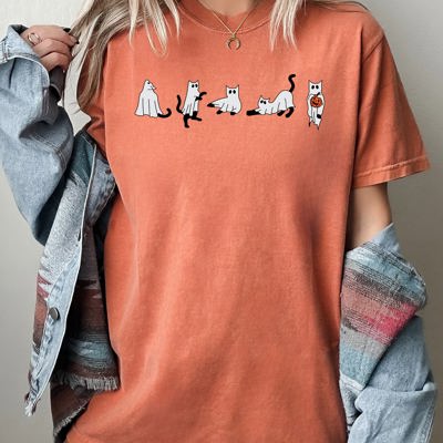 Cat Ghosts Skeleton Witch Halloween Spooky Costume Graphic Vintage Comfort Colors Tee