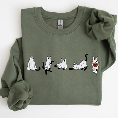 Cat Ghosts Skeleton Funny Witch Aesthetic Meme Halloween Spooky Costume Sweatshirt