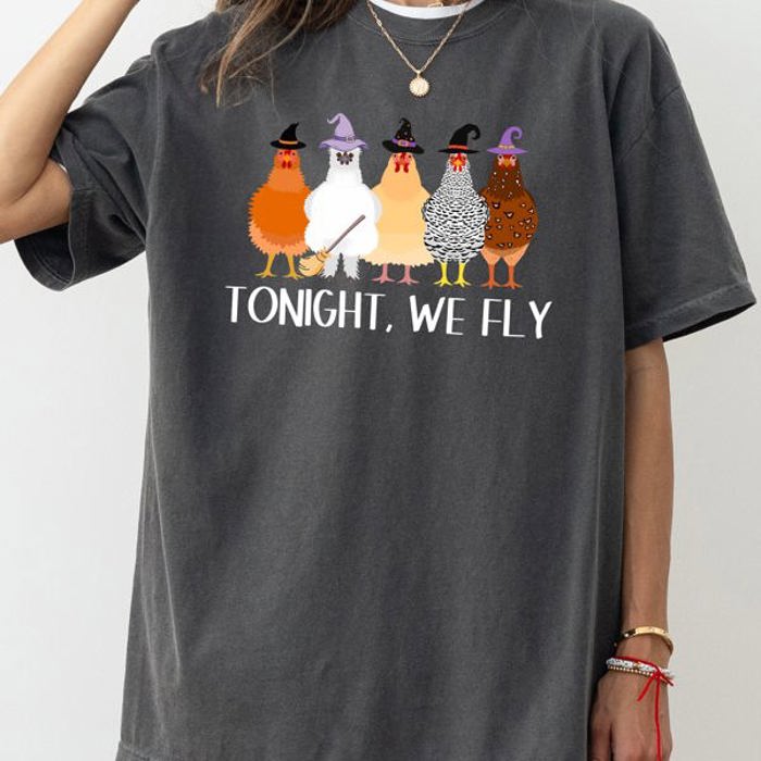 Tonight We Fly Chickens Skeleton Witch Spooky Halloween Moonlit Graveyard Bats Comfort Colors Tee